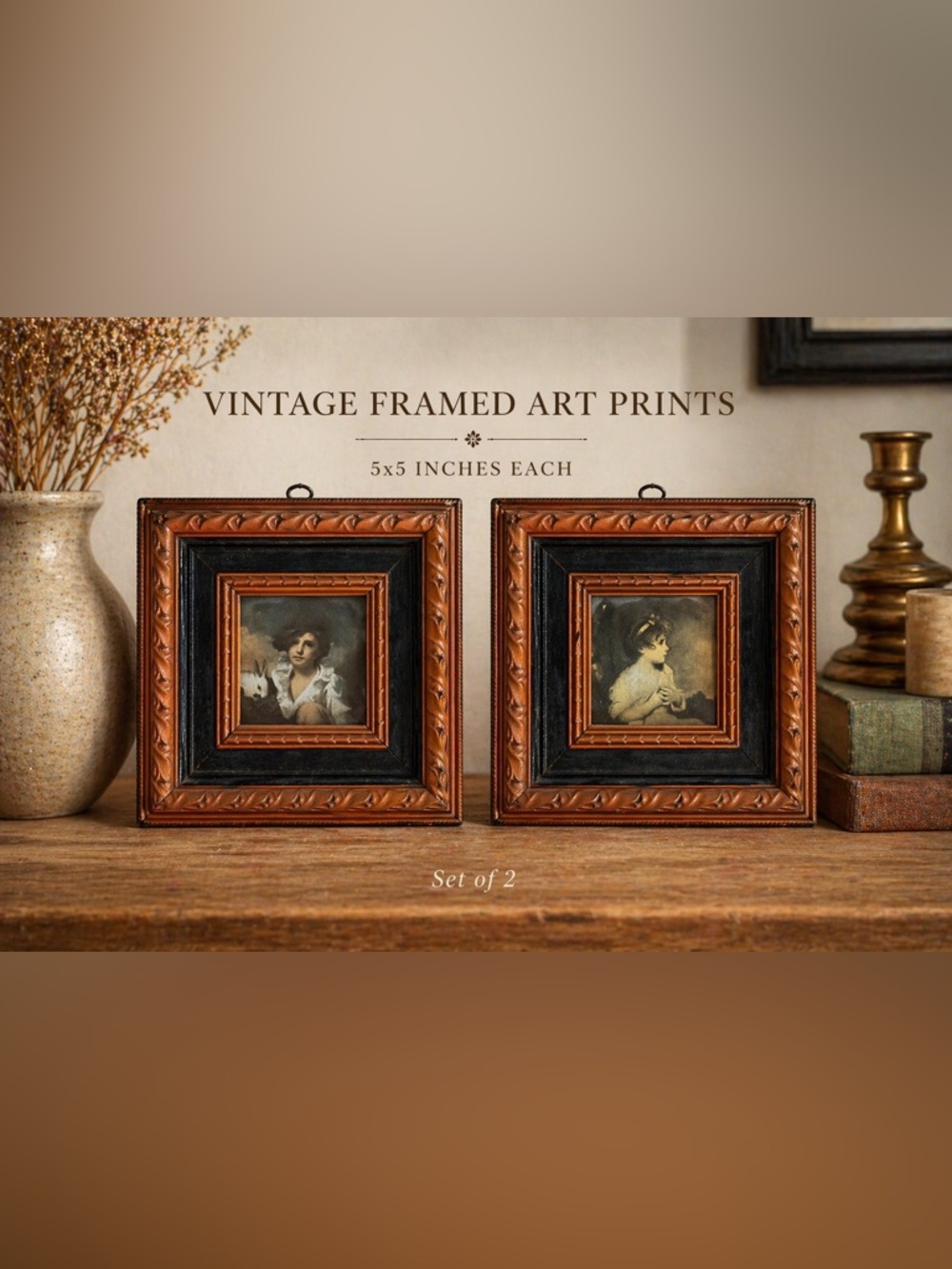 VINTAGE FRAMED ART PRINTS SET OF 2 5X5 ORNATE WOOD FRAMES WALL DECOR 💕